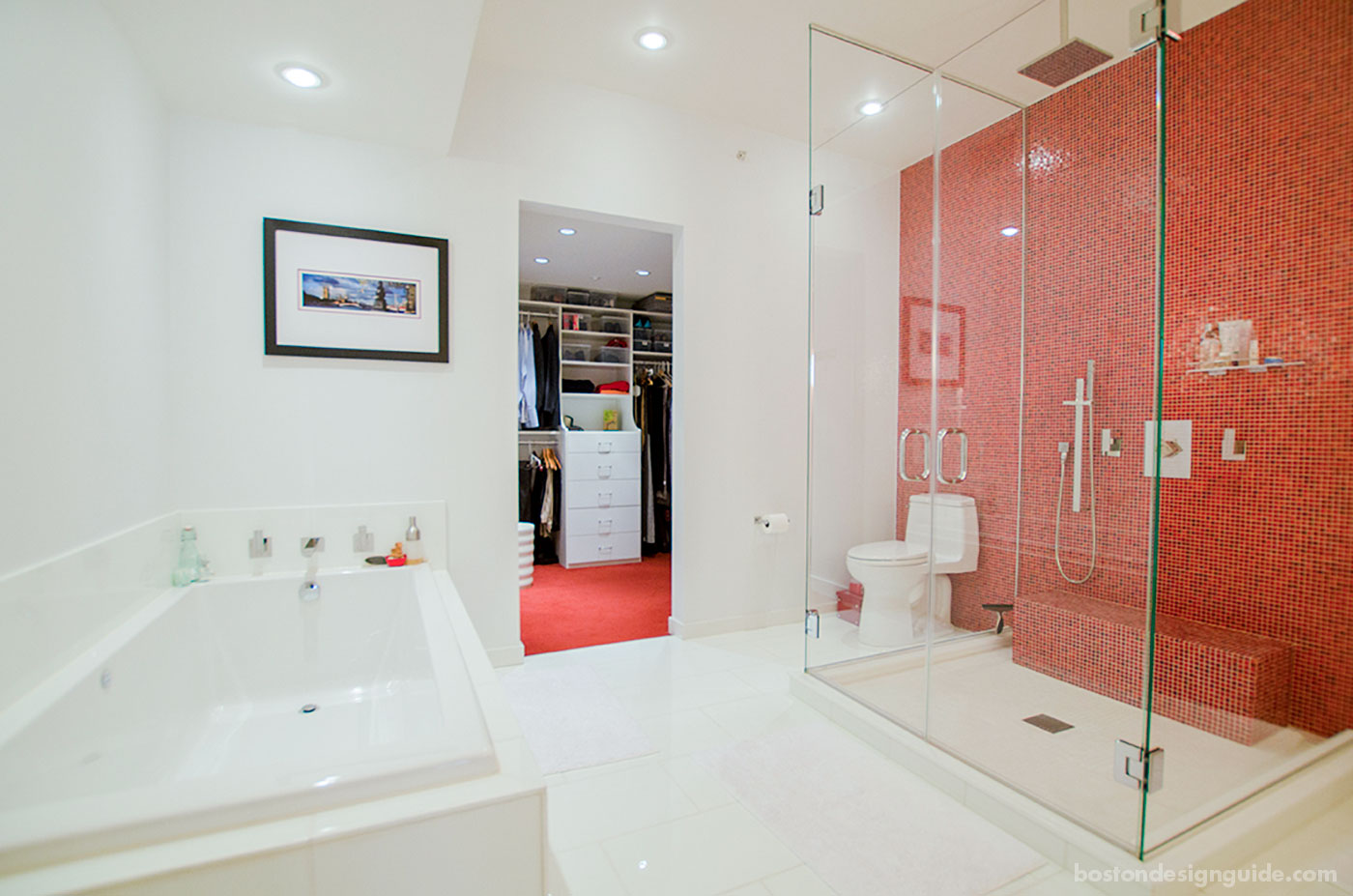 Warm red master bath by Sleeping Dog Properties, Inc