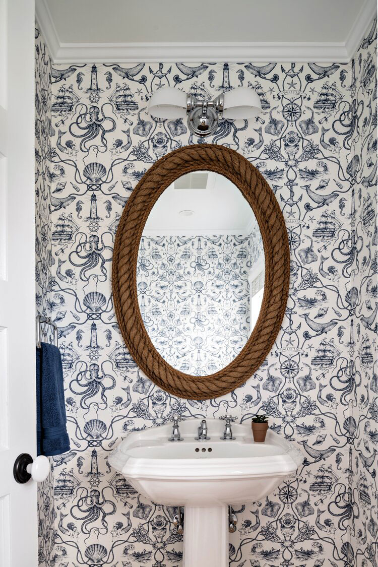 Coastal powder room designed by Washashore Home