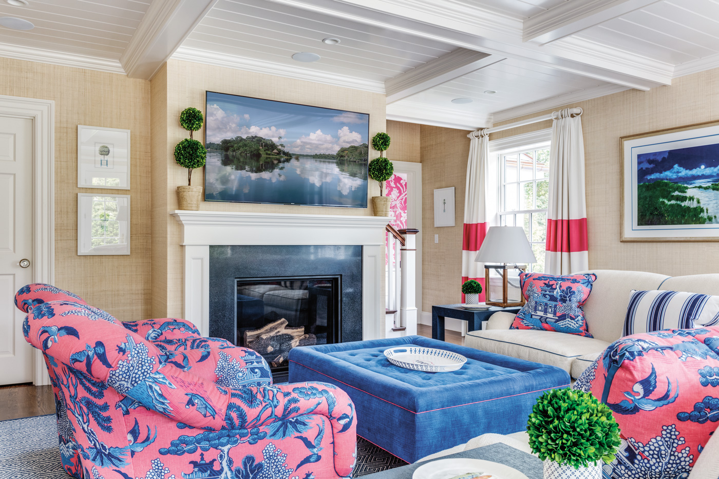 Colorful living room design for a high-end suburban Boston home