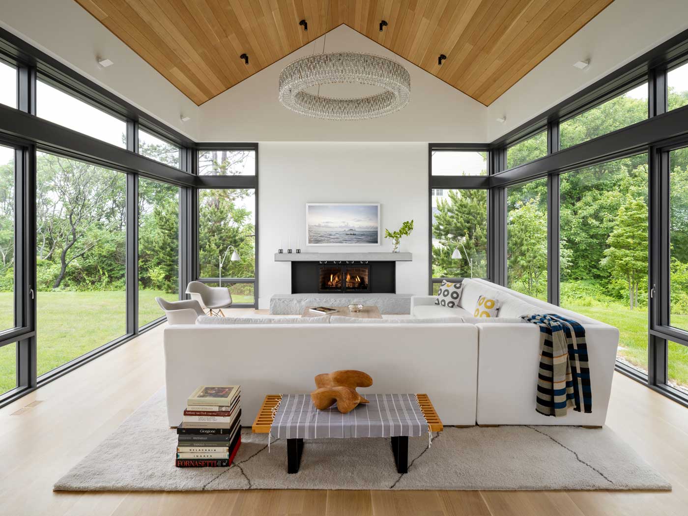 family room with large windows surrounding