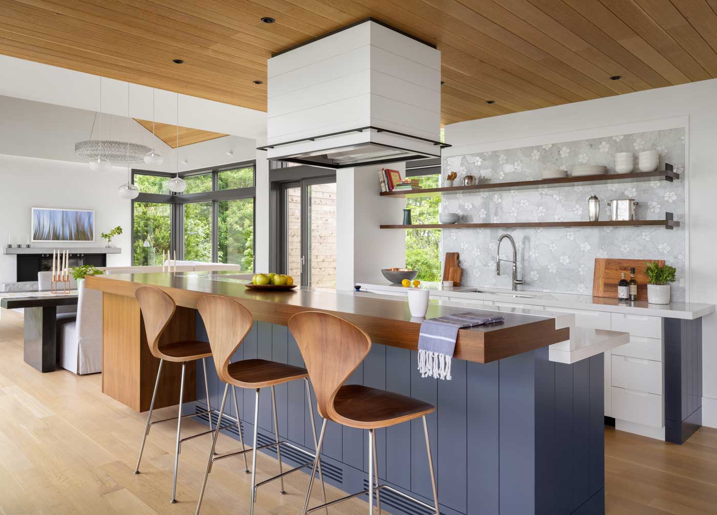 modern kitchen with bar and stools