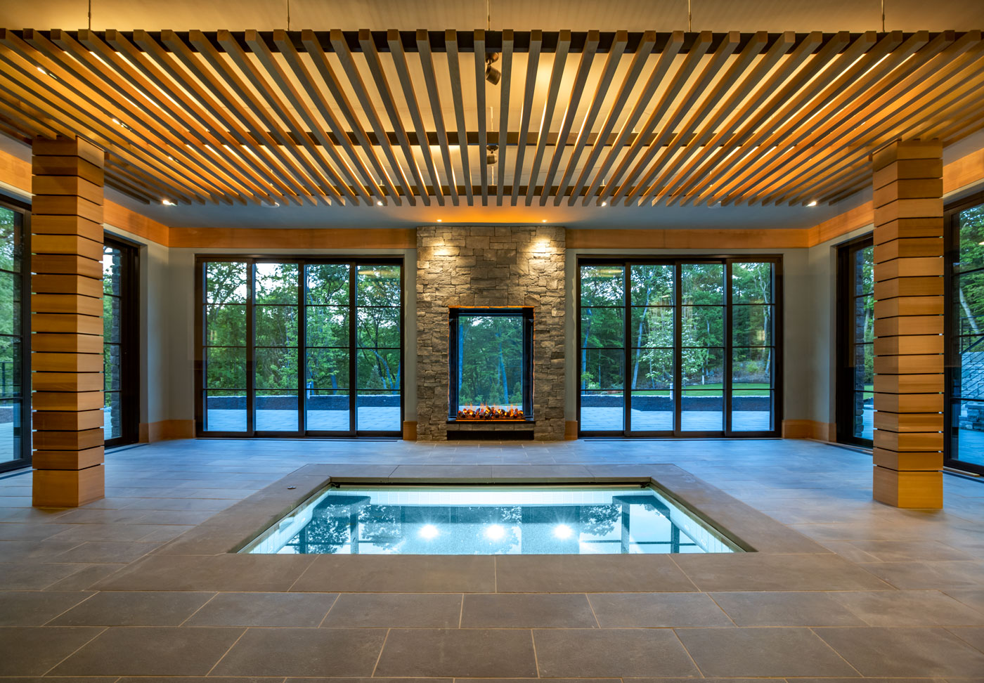 indoor swimming pool and fireplace