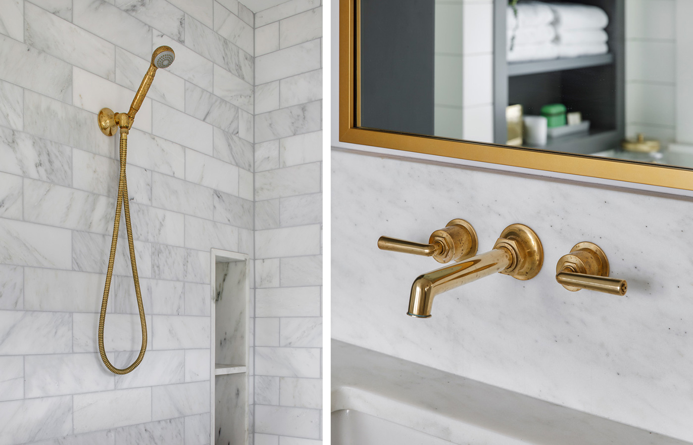 Brass bath fixtures in newly remodeled bath