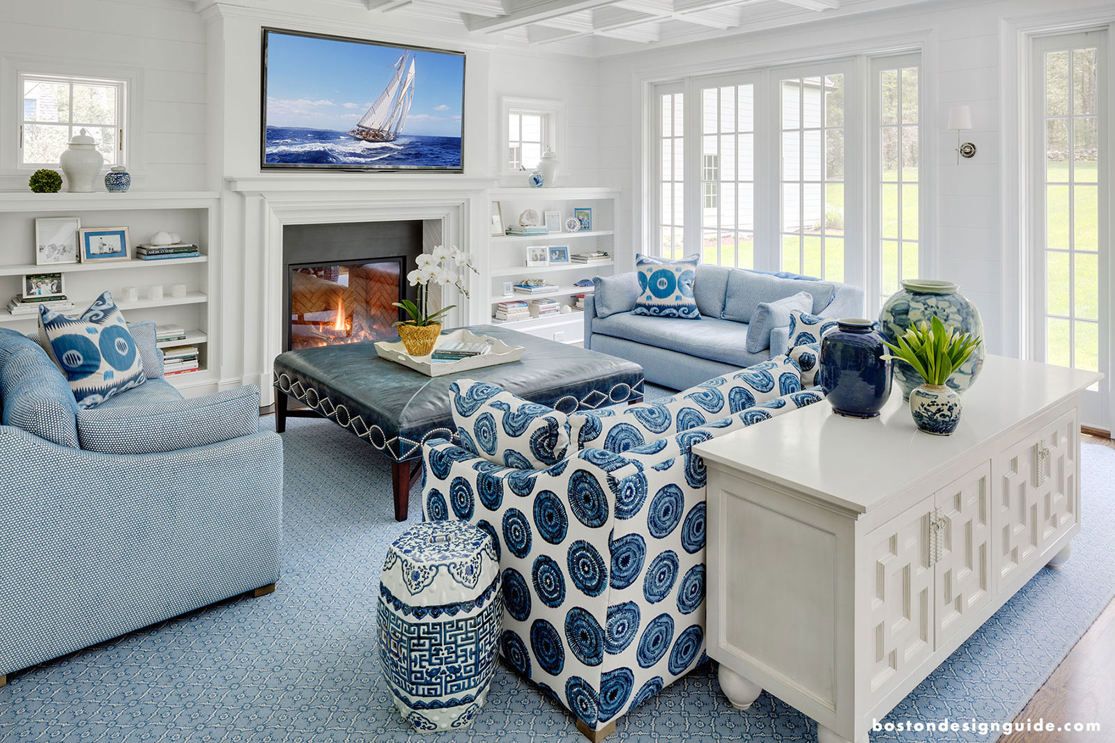 High-end living room with blue and white decor