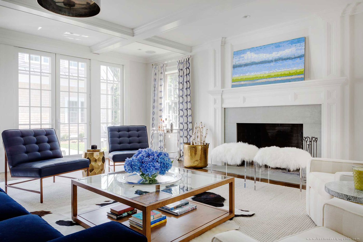 High-end living room with white and blue decor