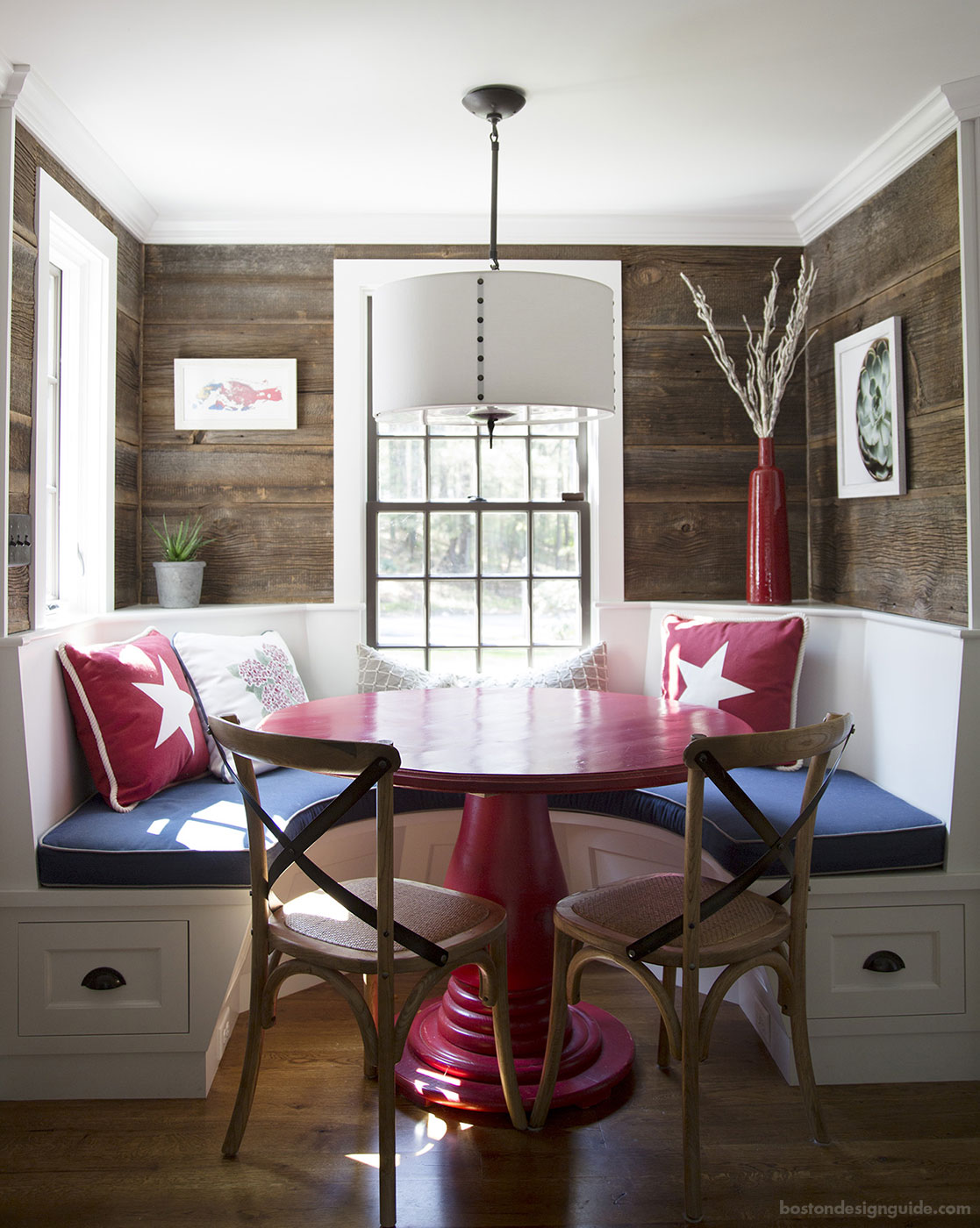 Red, white and blue custom dining nook constructed by brookes + hill custom builders, inc.