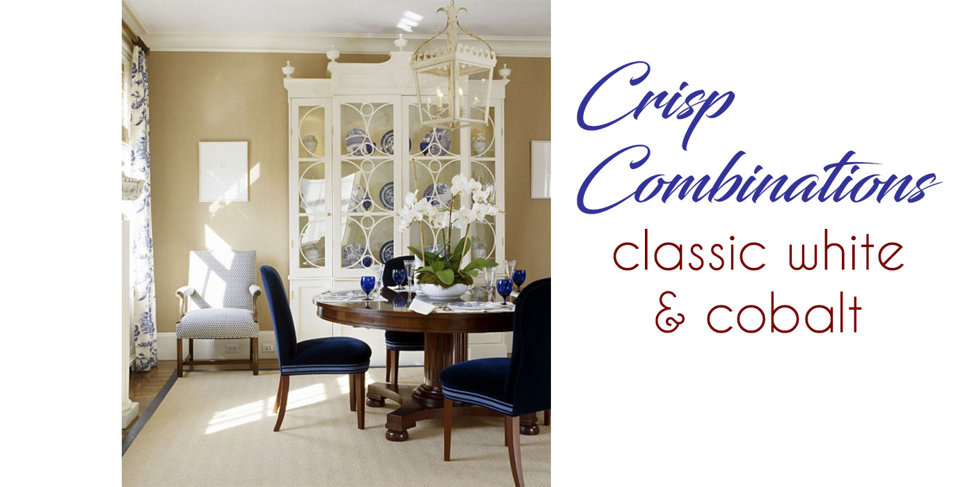 Classic white and cobalt dining room designed by Carter & Company