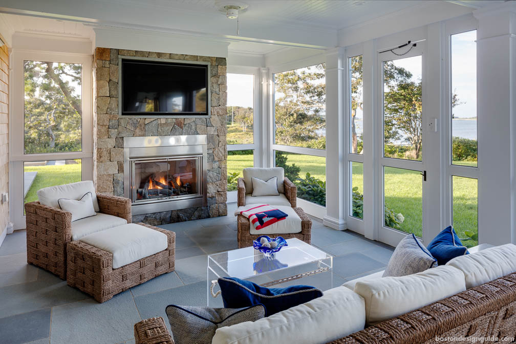 High-end screened porch with fireplace