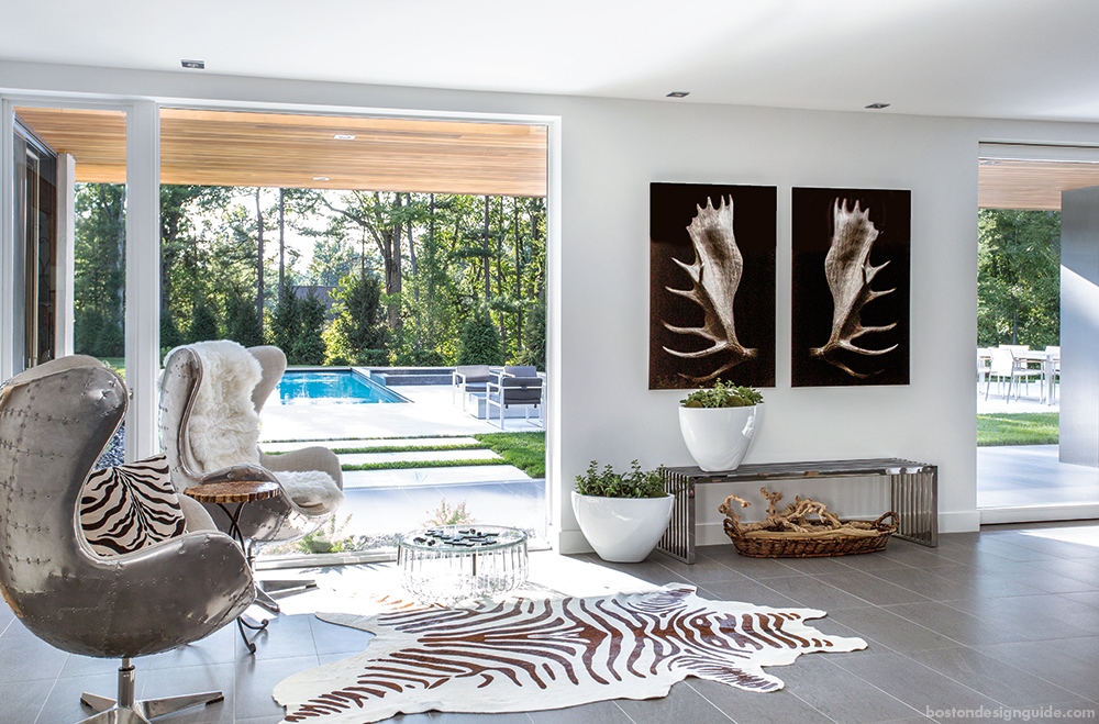 Zebra print cowhide rug, contemporary furnishings