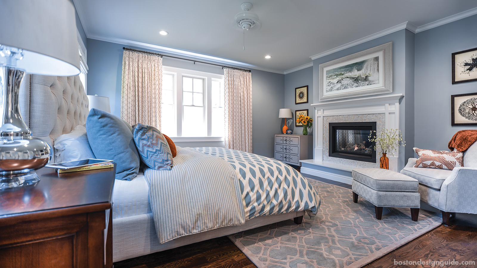 Master bedroom suite with patterns and mosaic tile fireplace