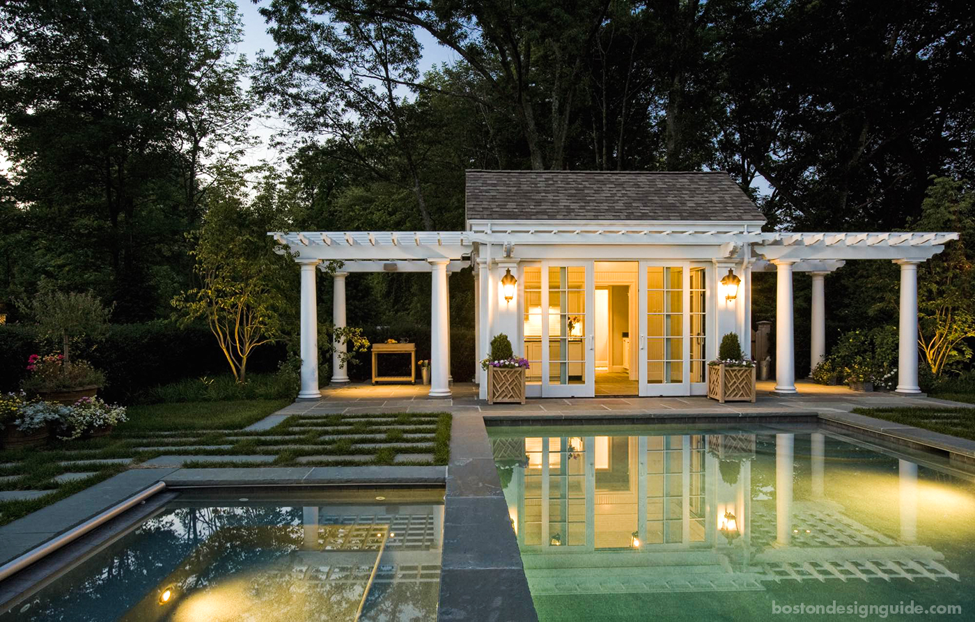 Pool terrace at dusk night designed by Dan Gordon Landscape Architects