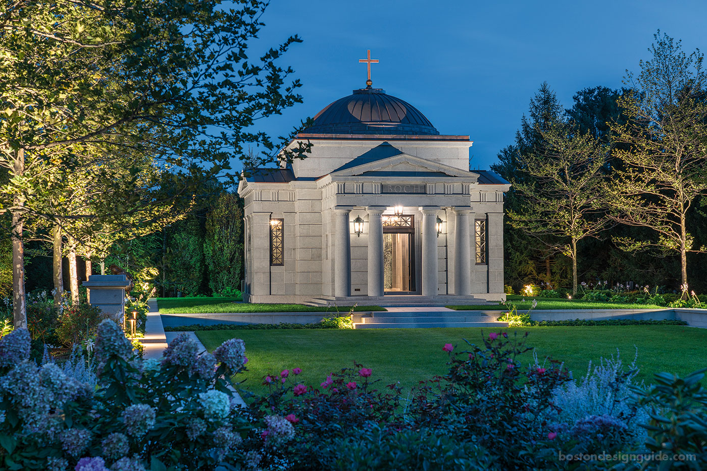 Ernie Boch's Jr.'s garden pavilion at dusk