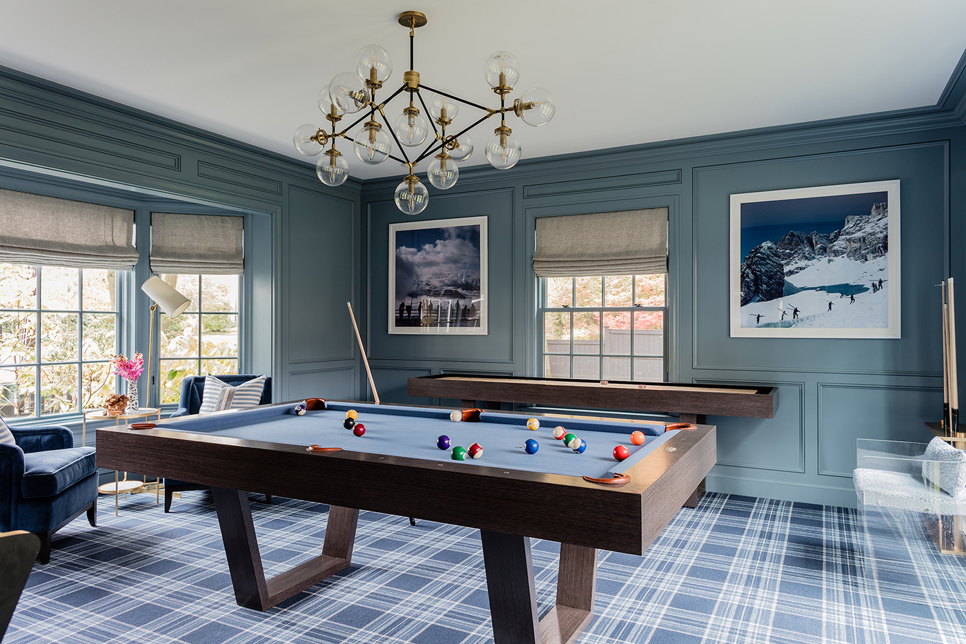 Home Game Room in Blues - Erin Gates Design; Michael J. Lee Photography