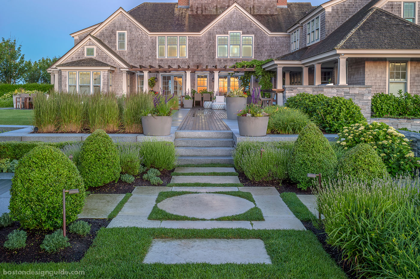 Walkway lined with plantings for a Nantucket home by Gregory Lombardi Design