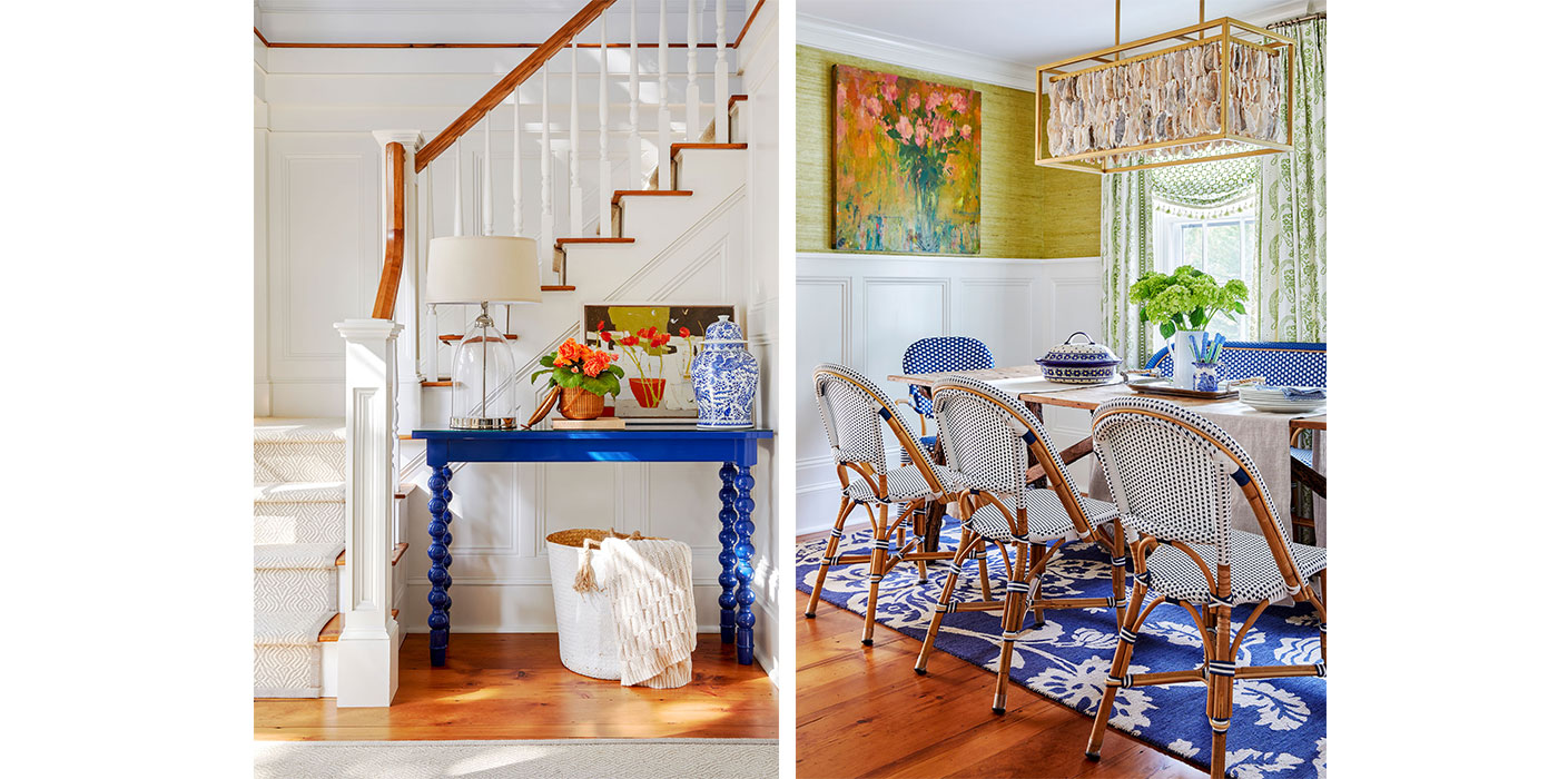 Colorful stair and dining room of a historic Nantucket home, designed by Donna Elle