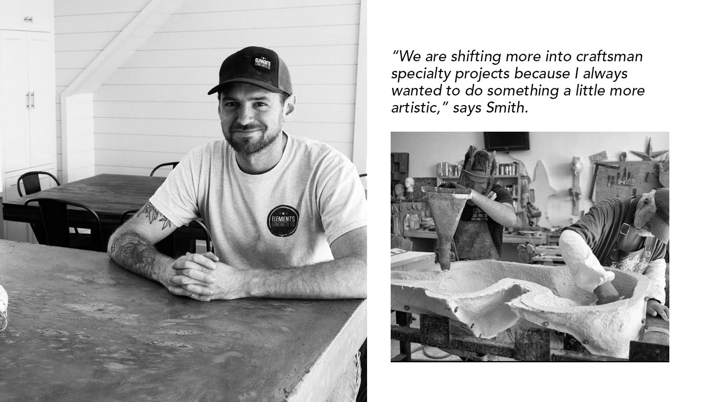 Joren Smith sitting at one of his custom made concrete tables and workers customizing a countertop