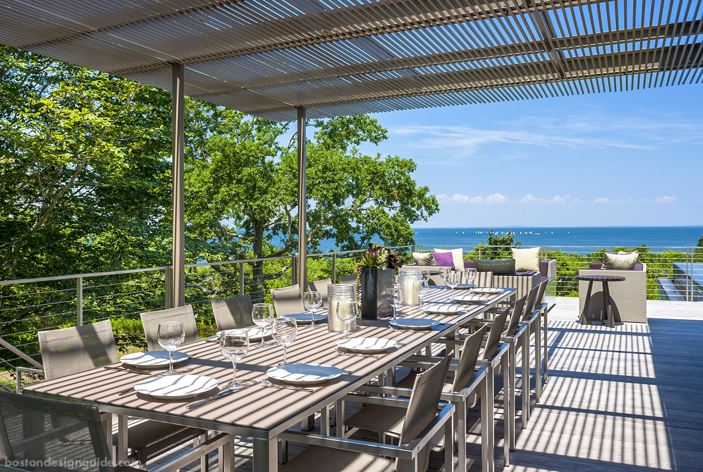 Outdoor pool pavilion and dining terrace by Kistler & Knapp Builders.