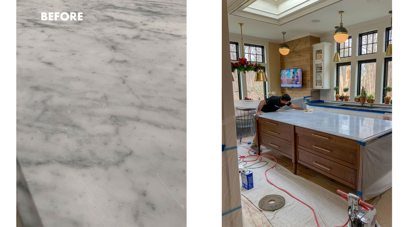 Scratch removal in a marble countertop by Boston Stone Restoration