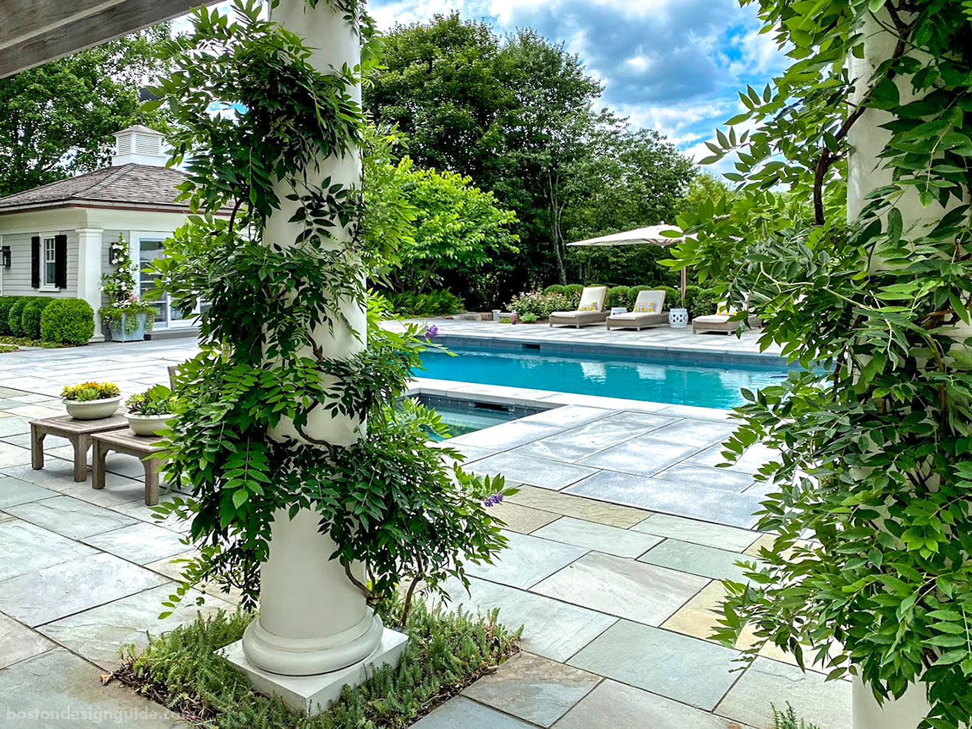 Custom pool, pool garden and pool house constructed by Onyx Corporation