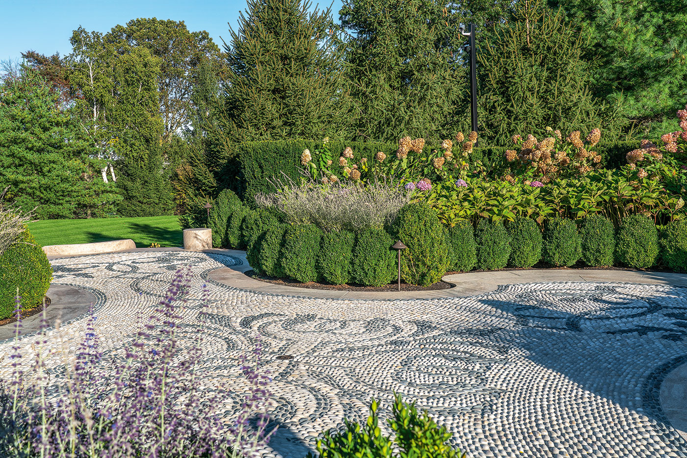 Pebble terrace on Ernie Boch Jr.'s garden pavilion