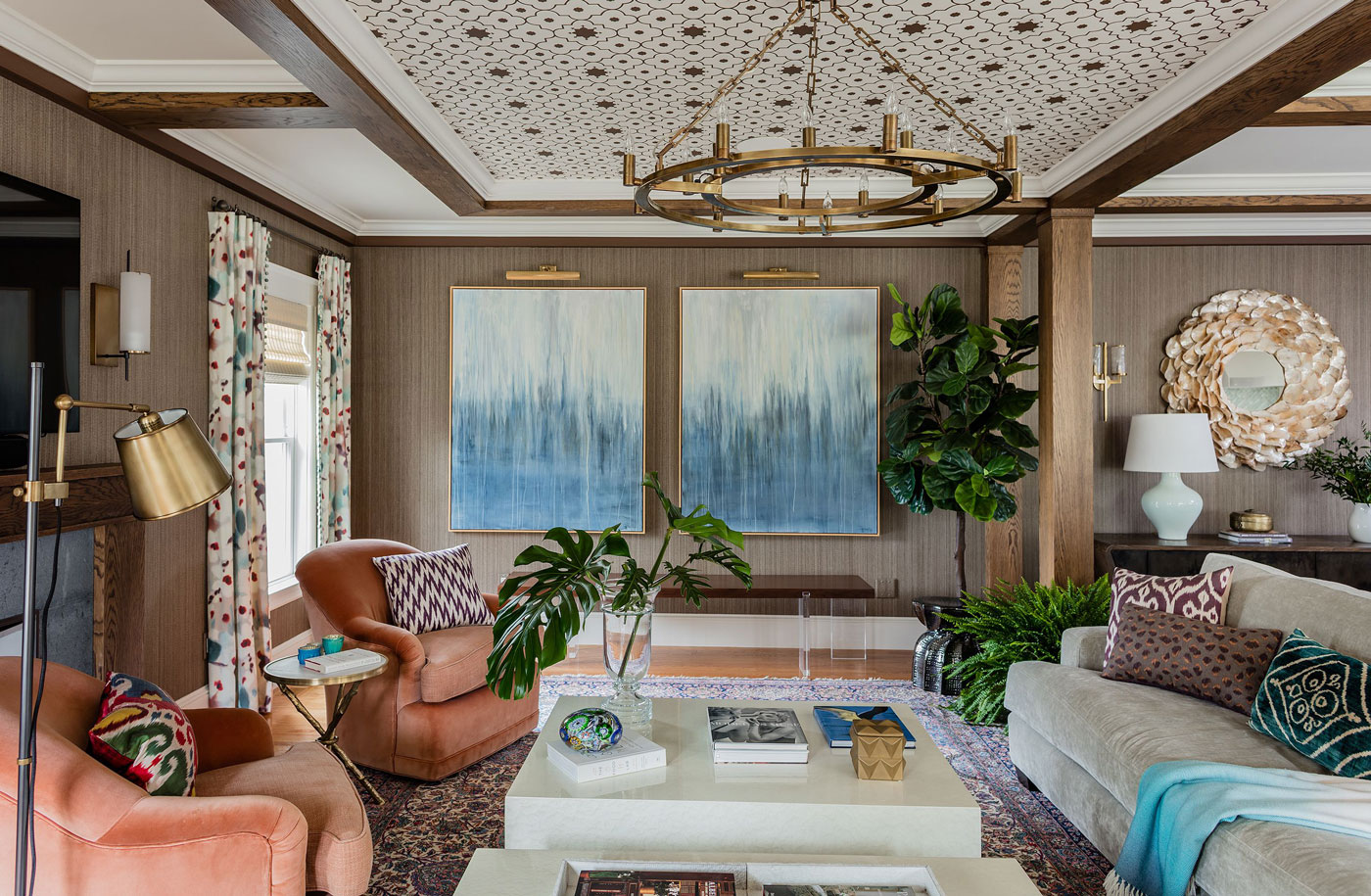 Living area with ceiling wallpaper