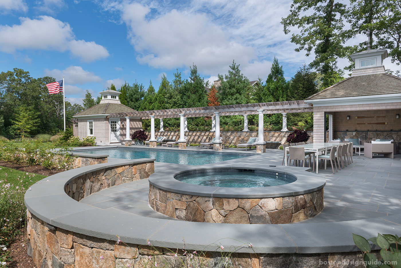 Dual pool house with pergola by Rogers & Marney Builders