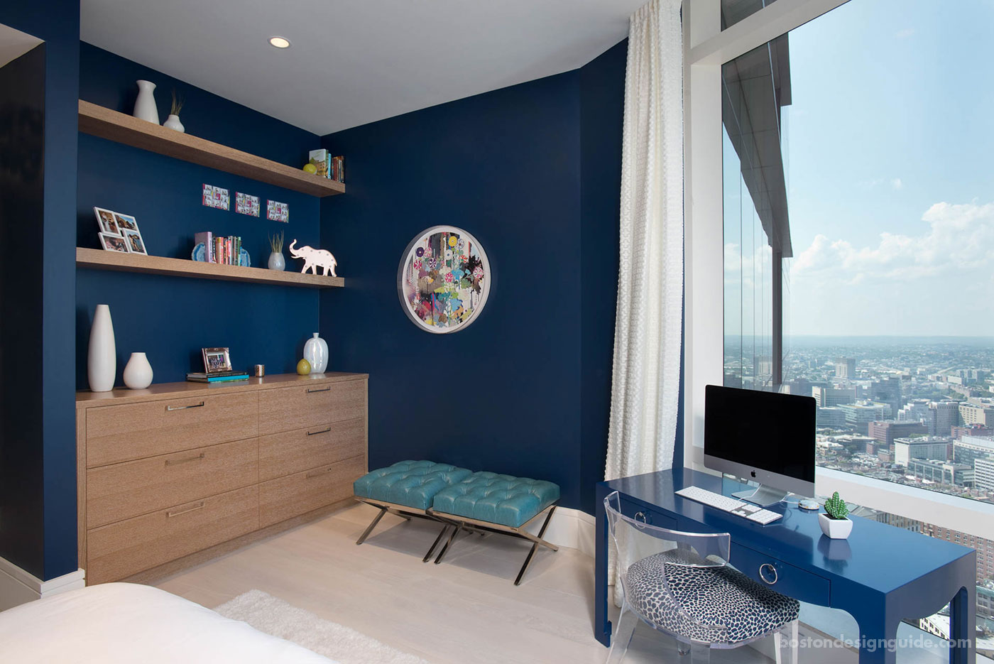 Navy bedroom in Millennium Tower penthouse