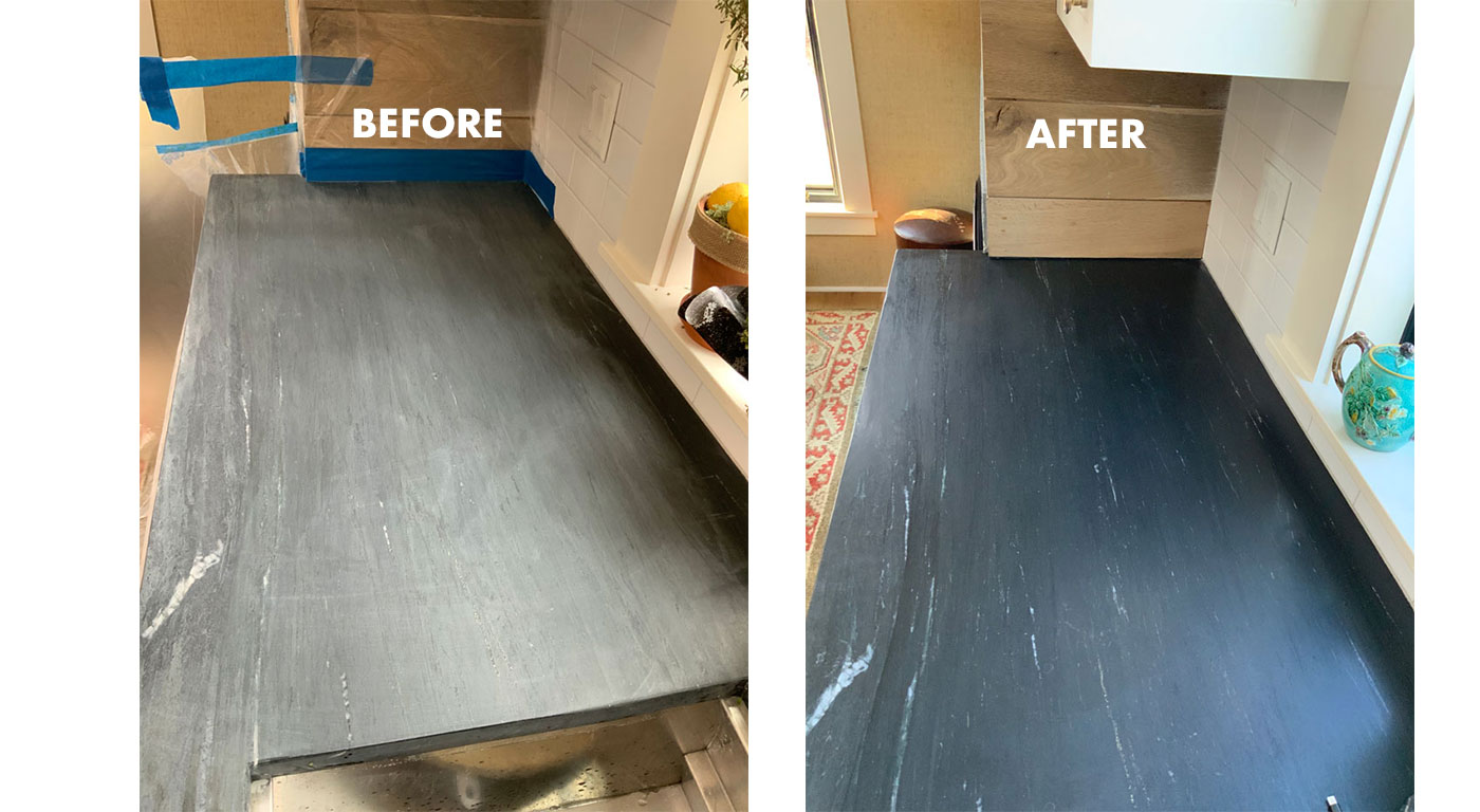 Damage removal on soapstone by Boston Stone Renovation; before and after