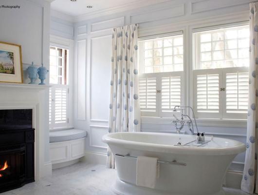 Back Bay Shutter master bath with fireplace. Meyer and Meyer Architects