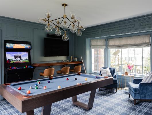 Home Game Room in Blues - Erin Gates Design; Michael J. Lee Photography