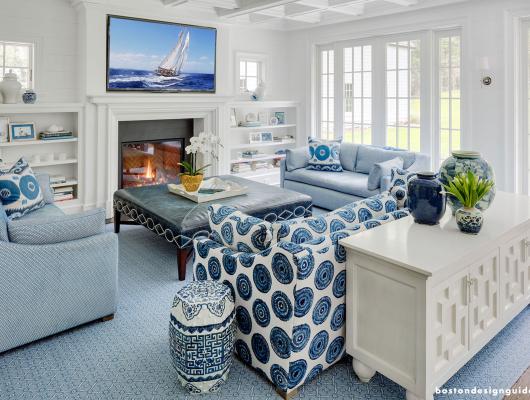 High-end living room with blue and white decor