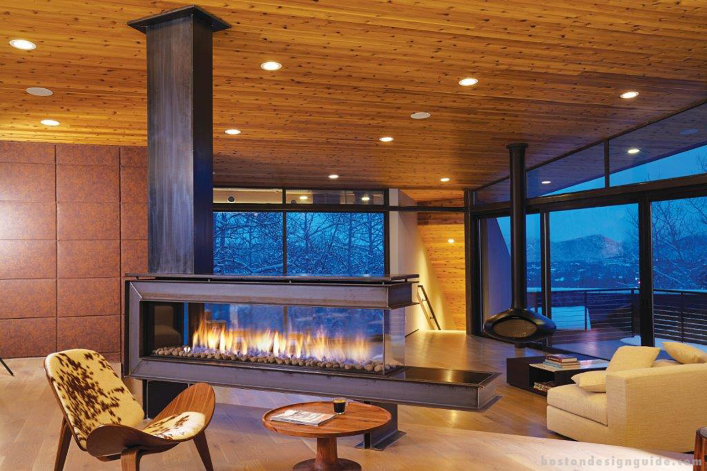 See-through glass fireplace