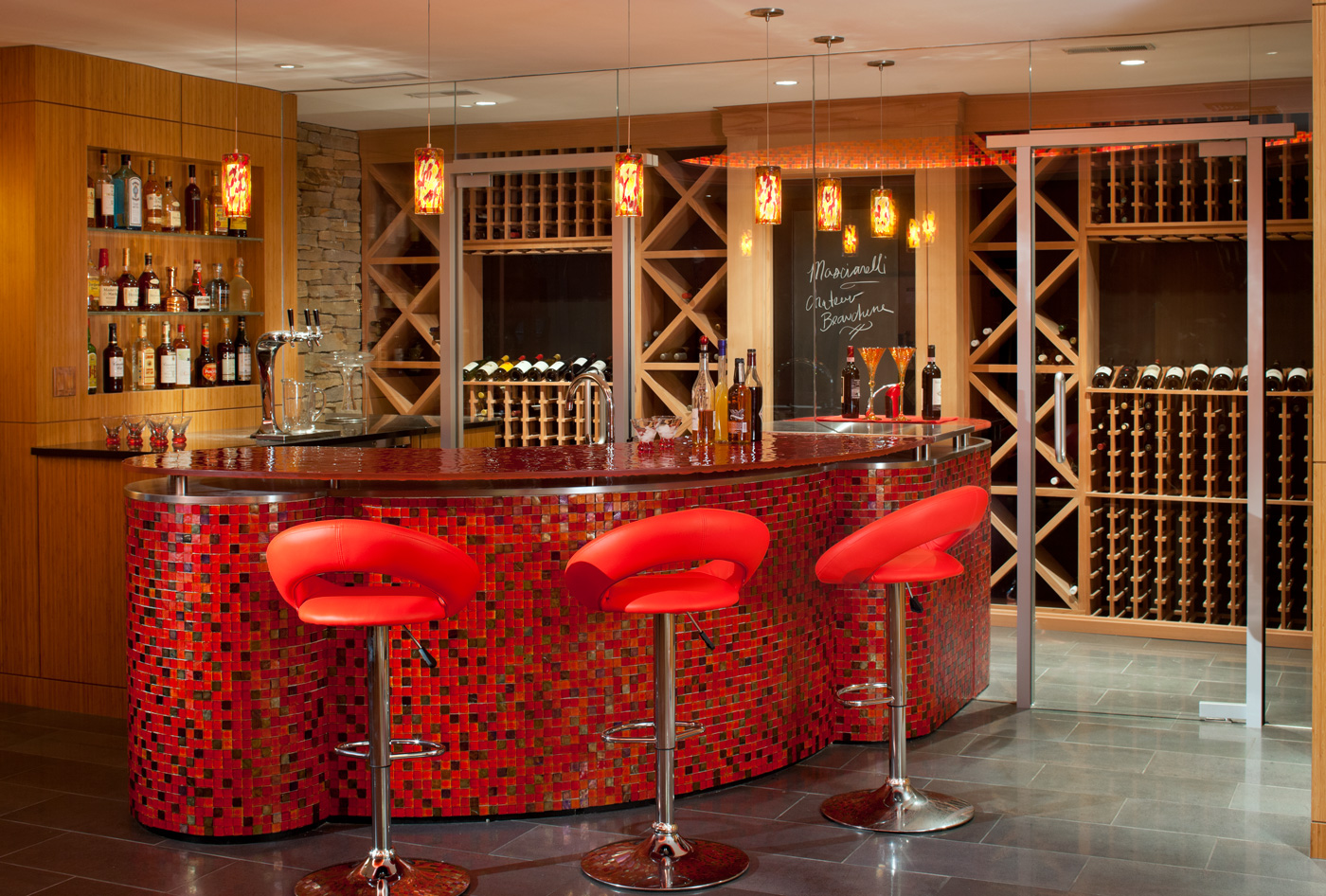 Red cellar wine bar by Kistler & Knapp Builders, designed by LDa Architecture & Interiors