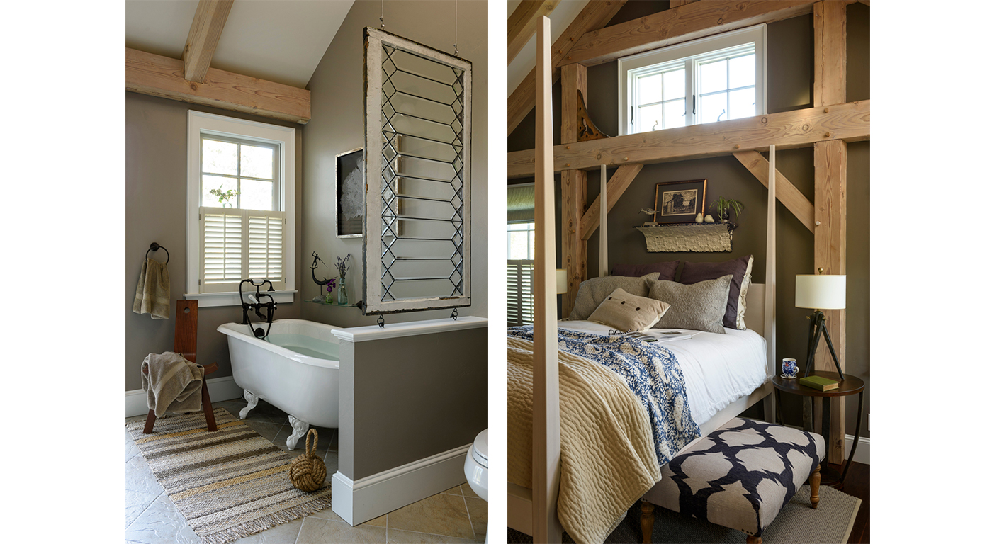 Transitional interior design for bath and bedroom by architectural designer Worth and Wing 