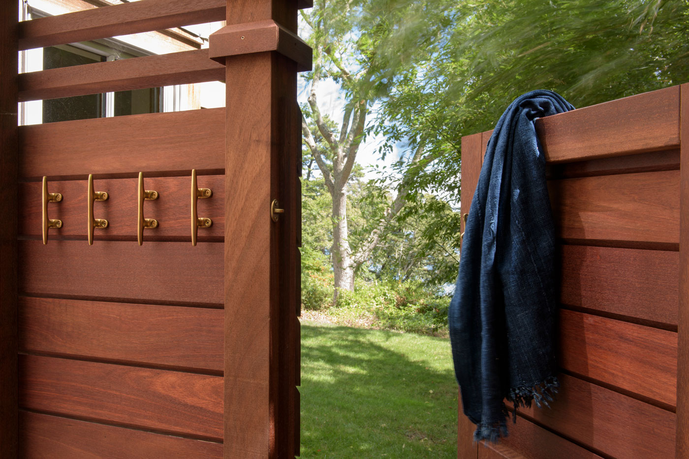 Mahogany outdoor shower designed by Worth and Wing of Martha's Vineyard