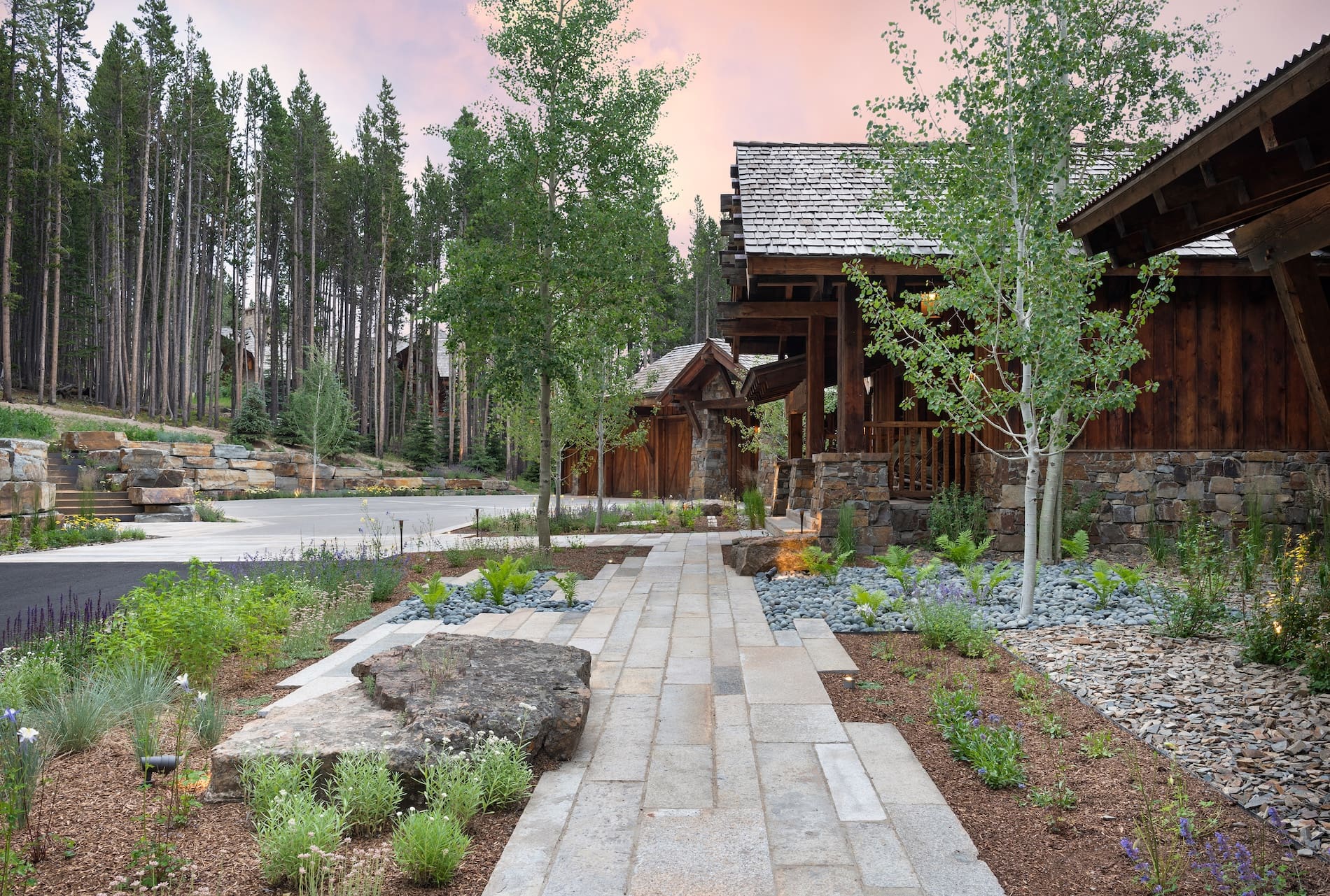 Stone: Reclaimed Footworn Granite Walkway and Patio; Place: Big Sky, Montana; Architect: Design.5